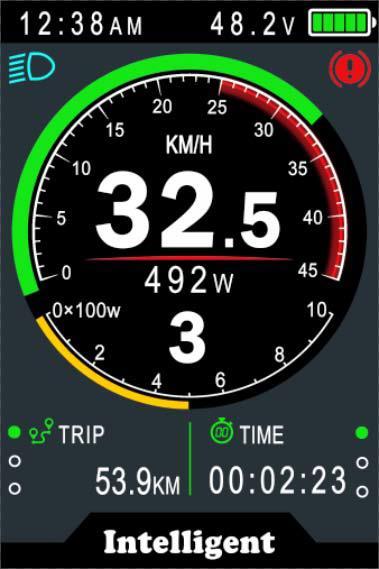 Popis LCD Displeje: Inteligentní indikátor stavu baterie (položka 48,2V na ilustračním obrázku). Zobrazení rychlosti.