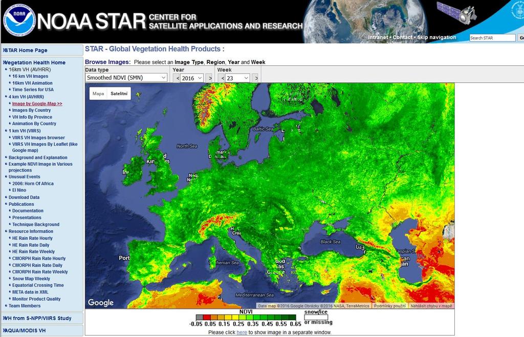 Obr. 3.7.1 Mapový portál Centra pro satelitní aplikace a výzkum index zdraví vegetace Reference BCDIP (2016) British Columbia Drought Information Portal 2016 [online, cit. 2016-06-09].