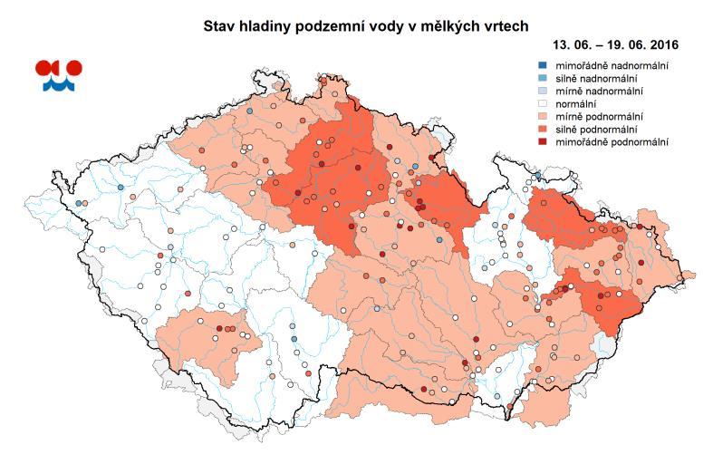 Konkrétně na sucho je zaměřeno hodnocení stavu hladiny v mělkých vrtech v rámci týdenní zprávy ČHMÚ, kde je sucho zatříděno do 3 kategorií (Tab. 4.1.5) podle zařazení na týdenní křivku překročení.