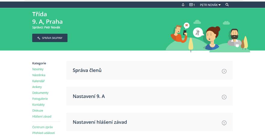2: ZÁKLADNÍ NABÍDKA SPOLEČENSTVA Umístěním kurzoru na tuto položku se otevře rolovací menu. Obr. A ukazuje menu, kde vidíte vámi založenou třídu 9. A. Dále možnost založit novou skupinu-třídu.