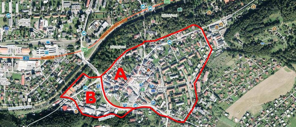 1 ZADÁNÍ Cíle Eliminovat dopravní kolize a zácpy v řešeném území, snížit množství zbytné dopravy projíždějící centrem města (řešené území část A) a zklidnit oblast náměstí.