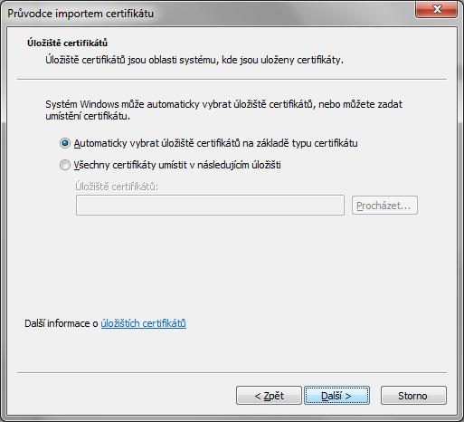 Obrázek 2: Internet Explorer: Zadání hesla k certifikátu Tlačítky Další/Dokončit import dokončete.