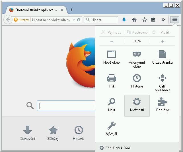 Obrázek 5: Mozilla Firefox: Možnosti aplikace Menu
