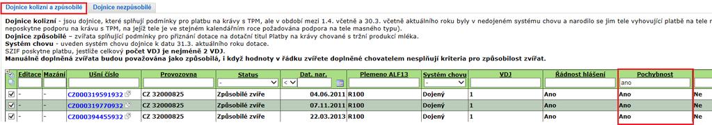 V deklaracích dojnic, masných telat a bahnic/koz je dále uveden sloupec s názvem Pochybnost. U zvířat s pochybností ANO, je poslední hlášení v ústřední evidenci ve stavu odmítnuto.