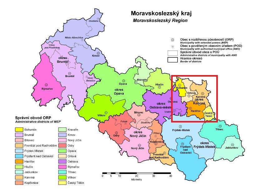 Obrázek 1- Moravskoslezský kraj správní členění Zdroj: MV ČR Pět velkých měst okresu Karviná tvoří od roku 2003 střediska správních obvodů ORP: Bohumín, Český Těšín, Havířov, Karviná a Orlová Z
