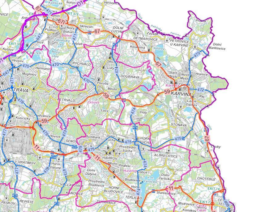 Obrázek 6 Komunikační síť užšího jádra Ostravské aglomerace Zdroj: ŘSD ČR Nejvíce jsou V MSK zastoupeny silnice III.