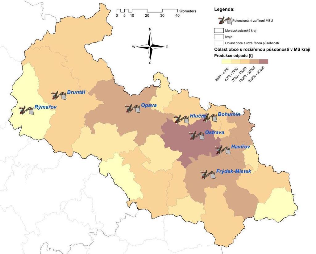 Obrázek 10 - Lokality vhodné pro analýzu možné výstavby zařízení MBÚ dle Směrné části POH MSK Zdroj: POH MSK Z obou obrázků je zřejmé, že jak potenciální zařízení pro energetické využití SKO či pro