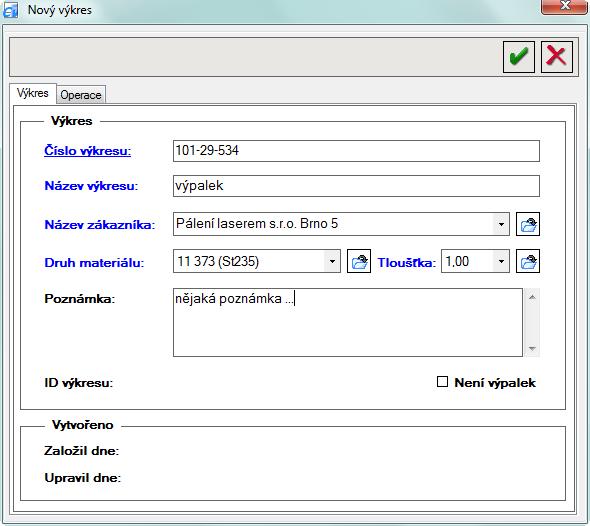 uložení aktuálně zobrazeného výkresu. Ve formuláři, který se skládá ze dvou záložek (Výkres a Operace) vyplňujete požadované údaje.
