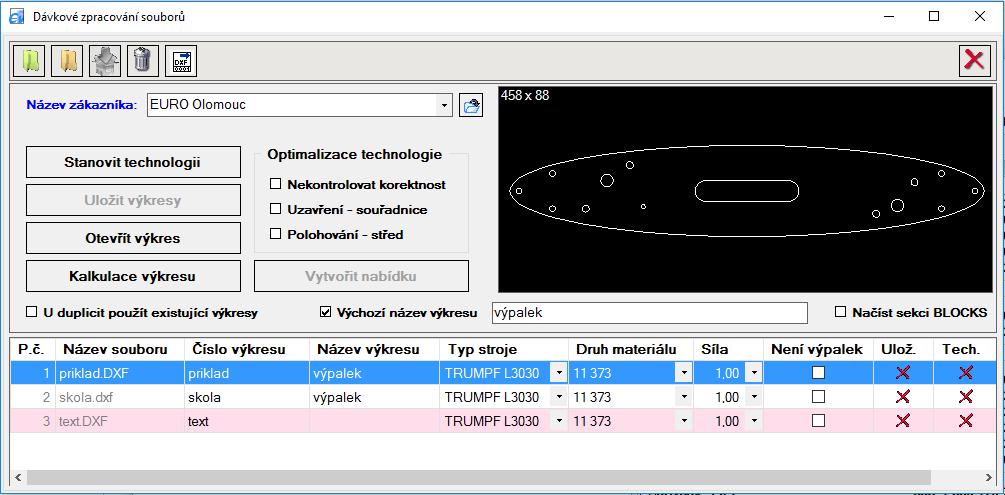 2.3 Výkresy Dávka Stisknutím tohoto tlačítka na hlavním panelu otevřete formulář Dávkové zpracování souborů pomocí něhož snadno a rychle provedete dávkové zpracování (stanovení technologie, uložení,