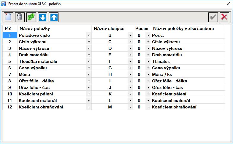 2.7.6.2 Export do XLSX položky (Ctrl + Y) U tohoto nastavení se vybírá Název položky a vyplňuje se Název sloupce, Posun a je možno si zadat vlastní název v položce Název položky v xlsx souboru.