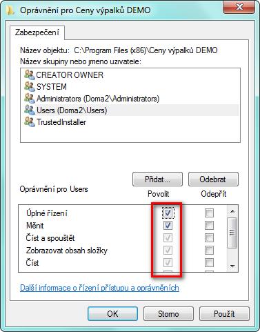 Obrázek 18 nastavení příslušných oprávnění