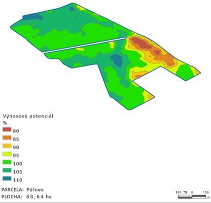 Obr. 8 Mapa produkčních zón na testovacích pozemcích stanovená z časové řady družicových dat Na testovacích pozemcích byly vymezeny produkční zóny (Obr. 8 a 9).