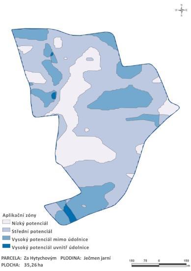2.5. Stanovení základní dávky dusíku a návrh variant režimů aplikace dusíkatých hnojiv Na základě předchozích analýz heterogenity výrobních podmínek na testovacím pozemku byly navrženy 3 zóny