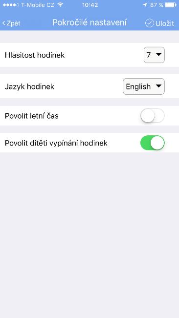 Další nastavení: Zapnutí/vypnutí časového posunu při změně letního/zimního času Povolení/zakázání dítěti vypnout hodinky Hlasitost a jazyk hodinek Ověřit kód