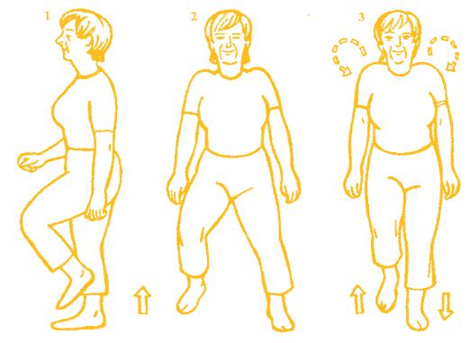 i) chůze stranou střídavě zkřižmo vpřed a vzad, j) ve stoji rozkročném přenášení váhy těla z nohy na nohu - side to side, k) ve stoji rozkročném přenášení váhy těla