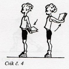 3 Stoj spojný, kniha na temeni hlavy, skrčit vzpažmo zevnitř: podřep a stoj opakovaně s jemným přidržováním knihy
