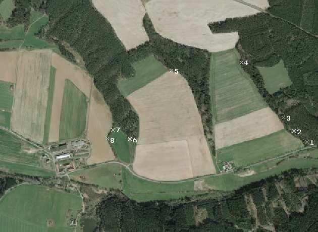 Obr. 44 Trasa GPS observace, první část V tomto úseku považuji za nejdůležitější určení bodu 3, protože se jedná o trojmezí mezi katastrálními územími Lomnička u Plas, Korýtka a Plasy.