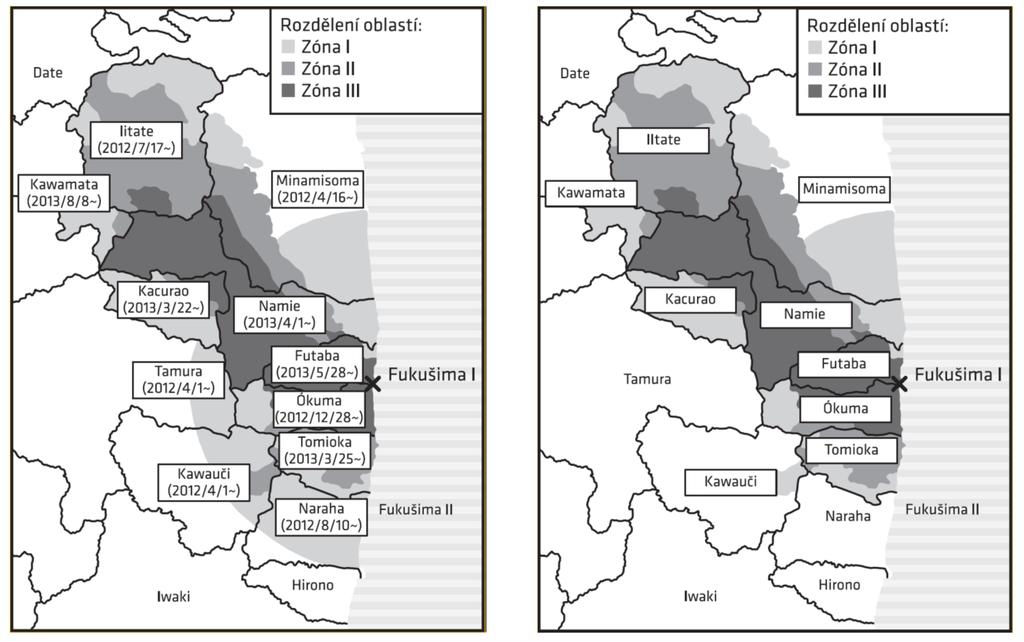 Obr. 1. Mapa zasažených území s vyznačením zakázané zóny ve tvaru půlkruhu s poloměrem 20 km a dodatečně evakuované zóny ve směru na severozápad.