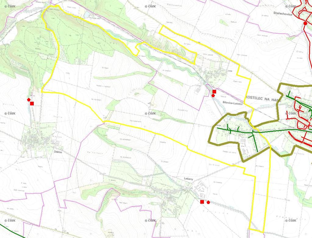 E. KANALIZACE A ČOV Mapa E1: Kanalizace - rozvody v obci Trasování sítí, lokalizace ČOV, čerpací stanice (ČS), výústě Obec: Bílovice-Lutotín Legenda: Kanalizace: Ochranné pásmo: Vyústění: do 2015 po