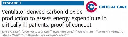 VCO2 based indirect calorimetry EE = VCO2 x 8,19 Results: Mean 24-h indirect calorimetry EE was 1823 ± 408 kcal. EE from ventilator-derived VCO2 was accurate (bias +141 ± 153 kcal/24 h; 7.