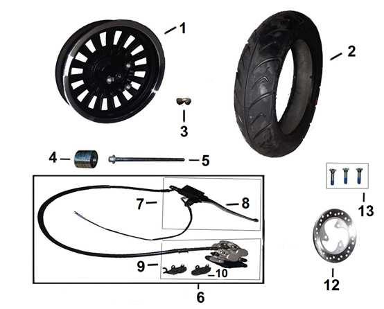 1 703180037 Disk předního kola Front wheel disc 2 703180038 Pneumatika 110/70-12 Tyre 110/70-12 3 703180039 Ventilek kola Air valve 4 703180040 Pouzdro Bushing 5 703180041 Osa předního kola Front