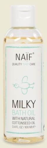 NAIF MILKY BATH OIL SOOTHING BABY OIL Olejíček promění vaničku s vodou v hedvábnou mléčnou koupel. Díky obsahu heřmánku zklidňuje pokožku, olej ze semen bavlníku ji vyživuje.