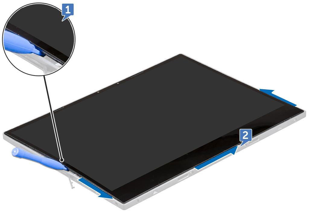 6 Zvedněte panel displeje a vysuňte jej z tabletu [1, 2].