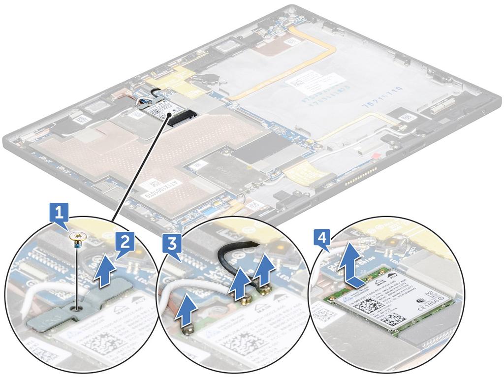 3 Postup demontáže karty WLAN: a Odšroubujte šroubek M2 2,0, kterým je připevněn držák WLAN [1]. b Vyjměte držák WLAN ze základní desky [2]. c Odpojte anténní kabely od karty WLAN [3].