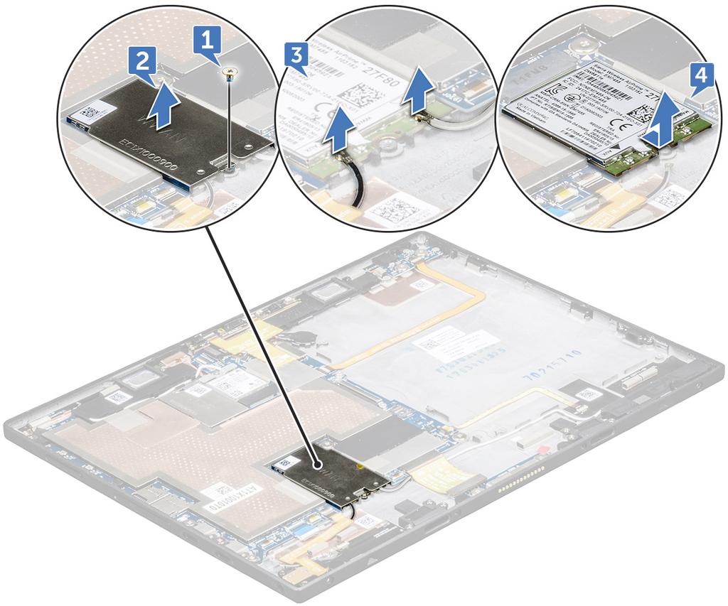karta WWAN Demontáž karty WWAN 1 Postupujte podle pokynů v části Před manipulací uvnitř tabletu. 2 Demontujte následující součásti: a b c karta microsim a karta microsd panel displeje.