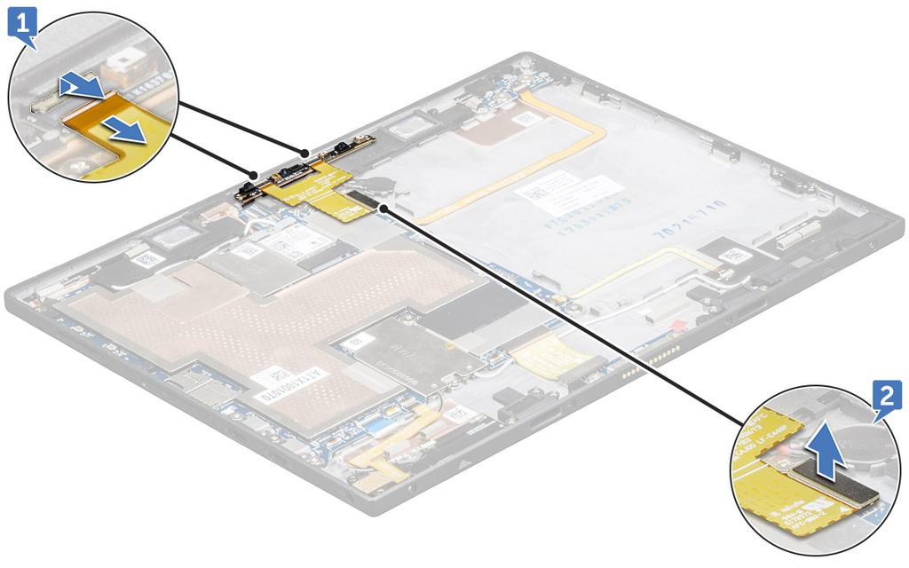 a b c karta microsim a karta microsd panel displeje. baterie 3 Odpojení kabelu čelní kamery: a Zvedněte západku a odpojte kabel čelní kamery [1]. b Vyjměte kabel čelní kamery ze základní desky [2].