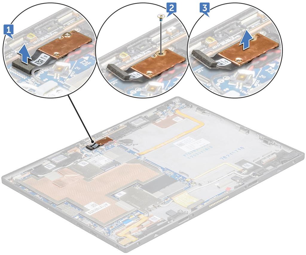 Instalace zadní kamery 1 Vložte modul zadní kamery do příslušného slotu v tabletu. 2 Zašroubujte šroub M1,6x2,5, kterým je přichycen modul zadní kamery. 3 Připojte kabel zadní kamery k základní desce.