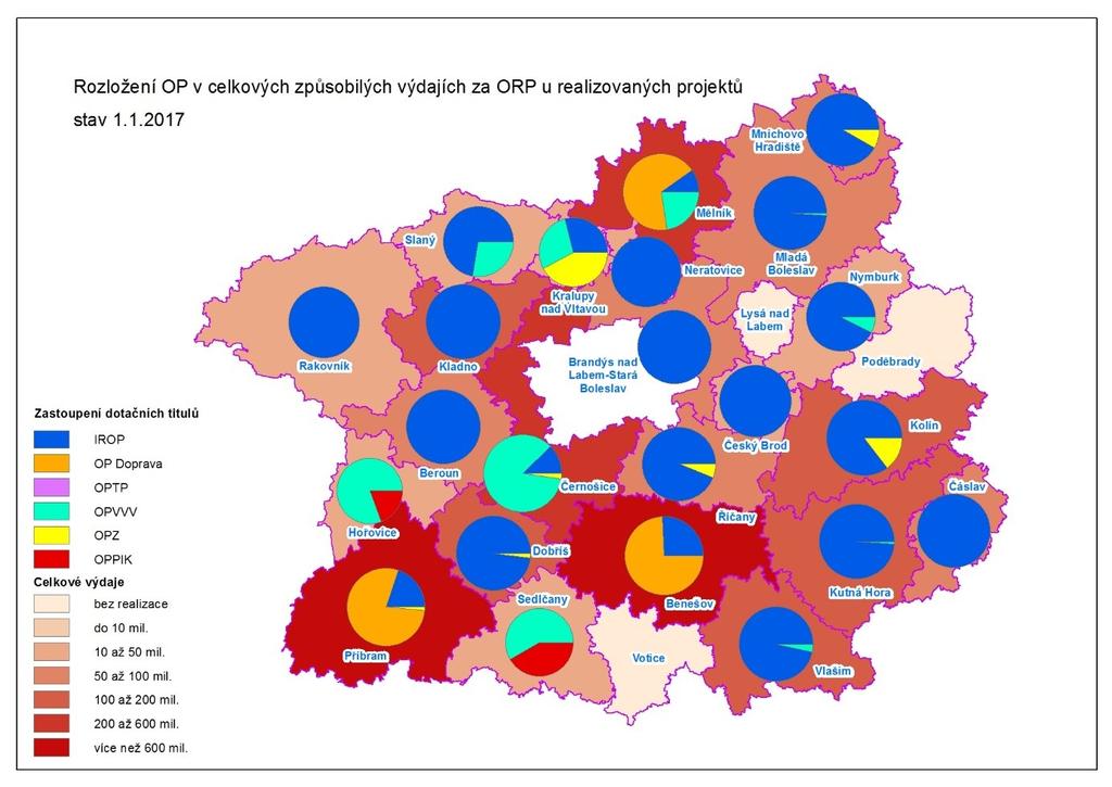 Další mapové podklady vyjadřují rozložení projektů dle jednotlivých ESI fondů na území jednotlivých SO ORP, v prvním