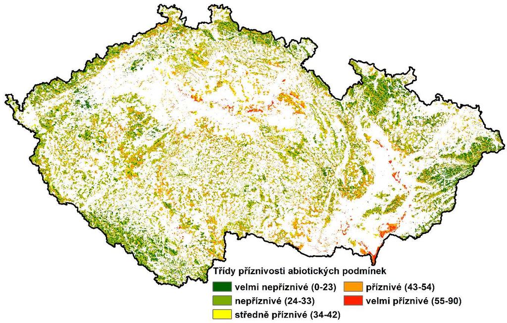 Výsledky 3b predikční mapa příznivosti abiotických podmínek prostředí pro Phytophthora cinnamomi Příznivost abiotických podmínek Výstup modelování mapa znázorňující kompozitní index