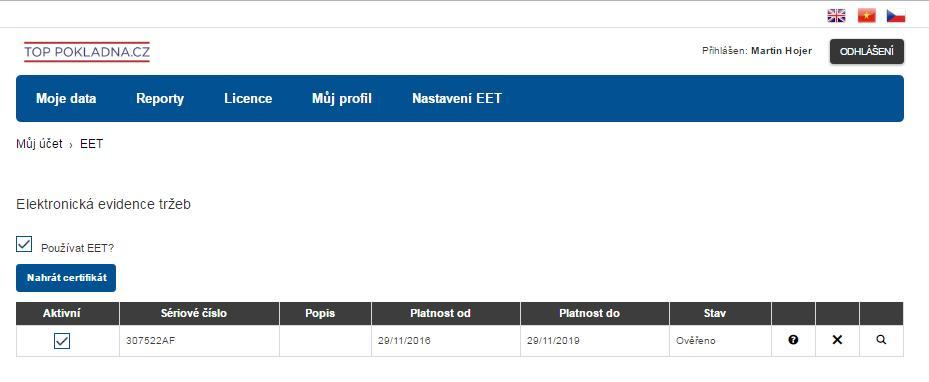 Po vložení certifikátu zaškrtn te box Používat EET (pokud se Vás EET již týká) a zkontrolujte, že je Váš certifikát aktivní (uvidíte v boxu Aktivní viz obrázek) a že v kolonce Stav je uvedeno Ov eno.