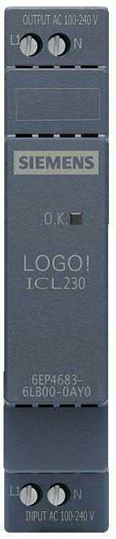 LOGO! ICL230 Technické informace Width 18 mm Side-by-side mounting without necessary space between on both sides (-40 C to +70 C) Output AC AC 85 264