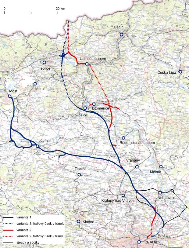 RS4 Praha Drážďany Spojení ČR a SRN podkrušnohorským 26 km dlouhým tunelem, prověřování nové trati Kralupy n. Vlt.