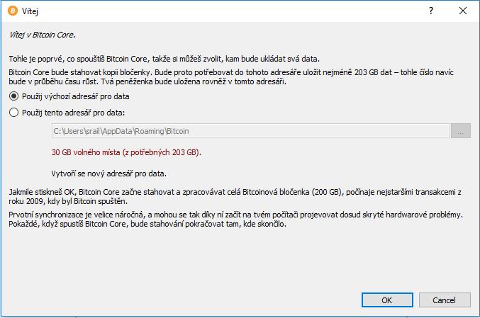 TECHNICKÉ VYBAVENÍ PRO MANIPULACI S KRYPTOMĚNAMI Obrázek 11: Instalace Bitcoin Core stahování blockchainu (zdroj: vlastní) Ačkoli je uživatelské prostředí velmi podobné jako u odlehčených peněženek,