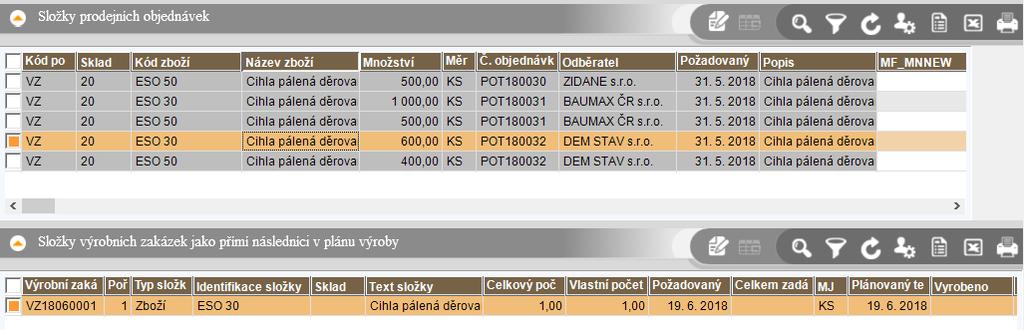 Obrazovka browse složek prodejních objednávek a vytvořených výrobních zakázek: Horní formulář umožňuje nastavit filtr nad složkami prodejních objednávek.