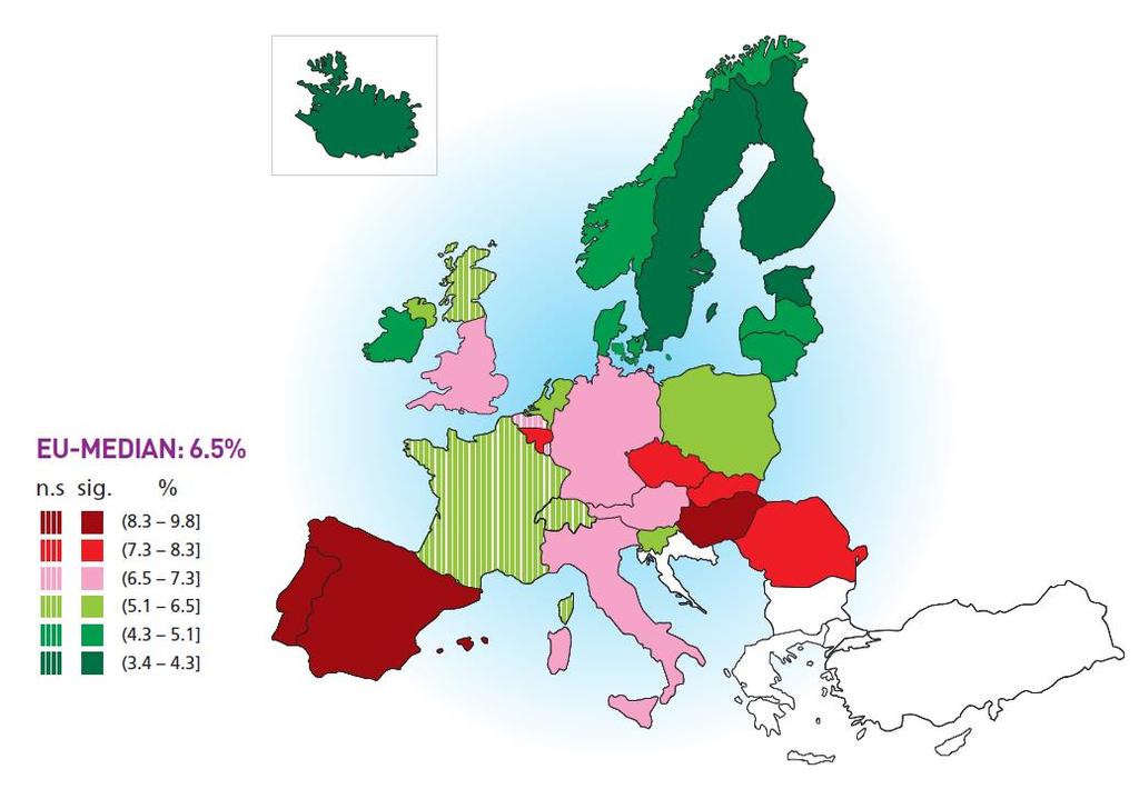 Map of distribution of live births with low birth weight (< 25 grams) in 21 European Perinatal