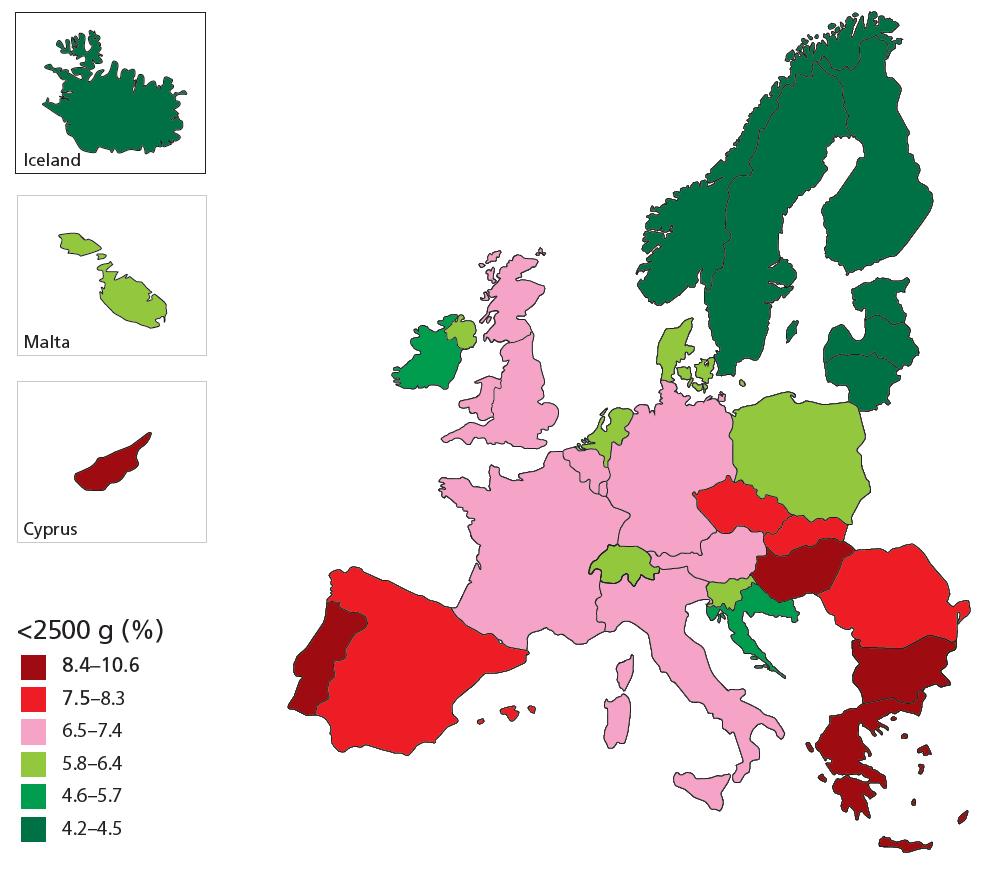 Map of distribution of live births with low birth weight (< 25 grams) in 215 European Perinatal