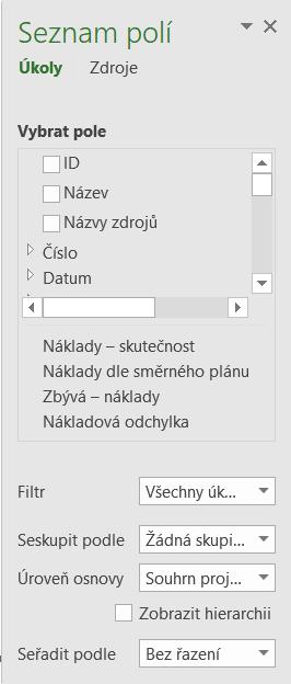 Nyní upravíme jednotlivé části sestavy. 2.1 Souhrnná tabulka projektu Když klepnete do první tabulky se souhrnným přehledem za celý projekt, otevře se podokno Seznam polí.