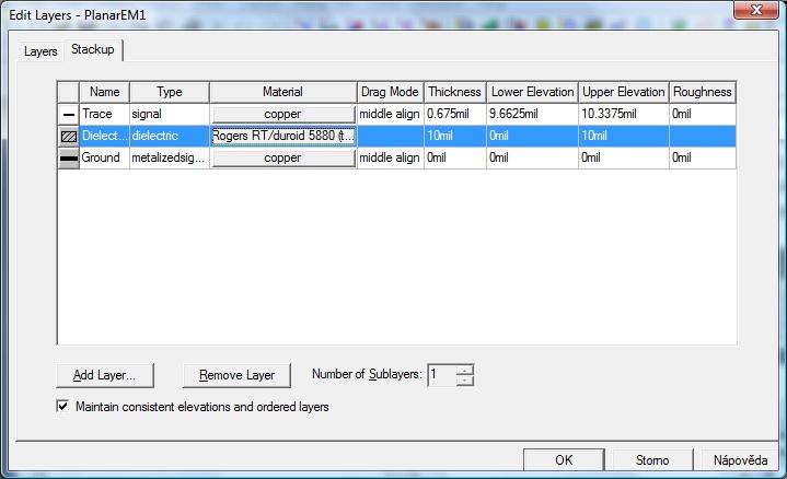 Obr. 10 Dialog pro úpravu parametrů substrátu. Další sloupce v tabulce okna Edit Layers (obr.