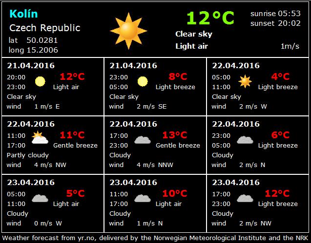 Získané informace lze prezentovat na web stránce např. následovně Odkaz na zdroj dat obsahuje proměnná yrweatherdata.