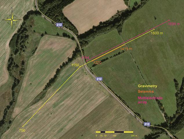 Obr. 34 Situace gravimetrického, seismického a geoelektrického měření na profilu P1 s vyznačenými metrážemi,