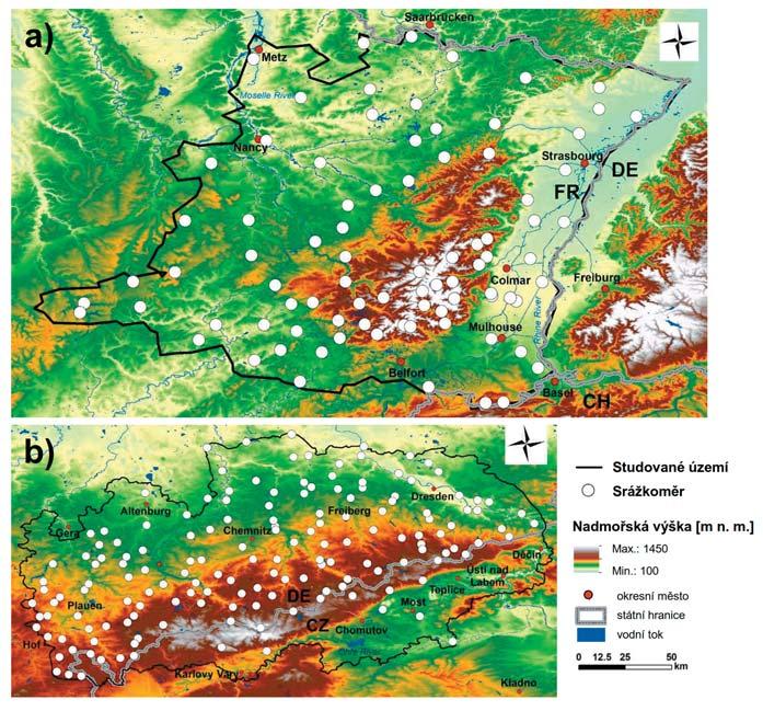 Obr. 1 Zájmové území (a) Vogézy (VG) a (b) Krušné hory (KH), včetně rozmístění srážkoměrných stanic. Fig. 1. Study area of (a) the Vosges Mountains (VG) and (b) the Ore Mountains (KH), and the distribution of rain gauges in it.