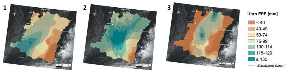 Obr. 5 Srážkové pole a zasažená oblast při třech nejsilnějších EPEs ve VG (upraveno podle Minářová et al. 2017c). Fig. 5. Precipitation total and the affected area during three most intense EPEs in VG (adapted from Minářová et al.