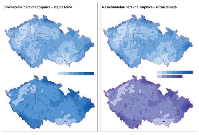 Obr. 3 Ukázka stupnic lišících se tónem barvy a hraničními hodnotami intervalů. Fig. 3. Example of scales differing in colour hue and boundary interval values. Obr.