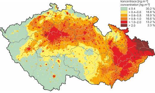 66 Zpráva o zdraví obyvatel Jihomoravského kraje Obr. 25: Pětiletý průměr ročních průměrných koncentrací benzo[a]pyrenu, ČR, 2011 2015 Obr.