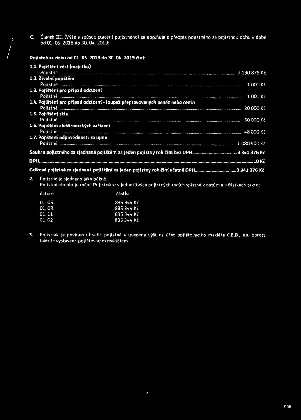 Pojištění pro případ odcizení - loupež přepravovaných peněz nebo cenin Pojistné... 30 000 Kč 1.5. Pojištění skla Pojistné... 50 000 Kč 1.6. Pojištění elektronických zařízení Pojistné... 48 000 Kč 1.7.