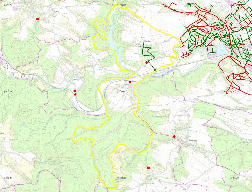 E. KANALIZACE A ČOV Mapa E1: Kanalizace - rozvody v obci Trasování sítí, lokalizace ČOV, čerpací stanice (ČS), výústě Obec: Nemile Legenda: Kanalizace: Ochranné pásmo: Vyústění: do 2015 po 2015 I IA